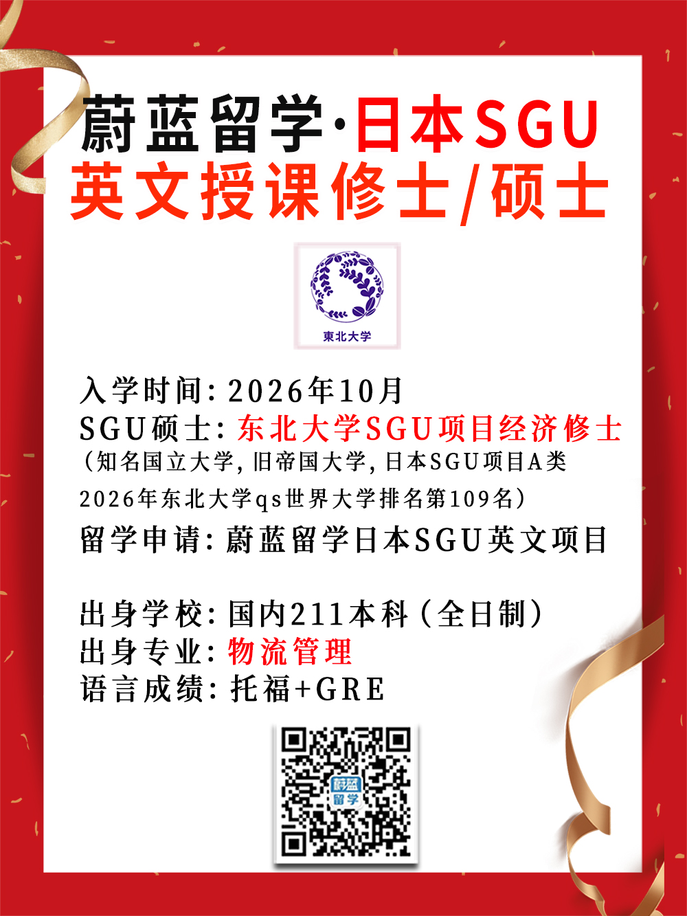 日本sgu项目录取：东北大学SGU项目经济修士合格2026年10月