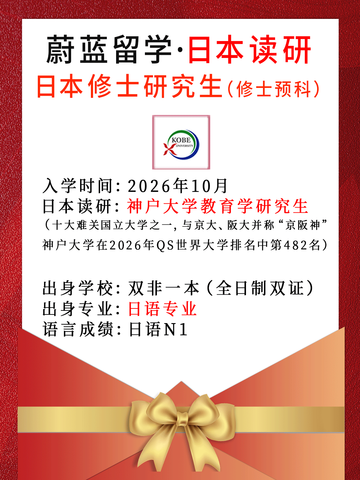 2026年10月日本读研：日语专业录取神户大学教育学研究生